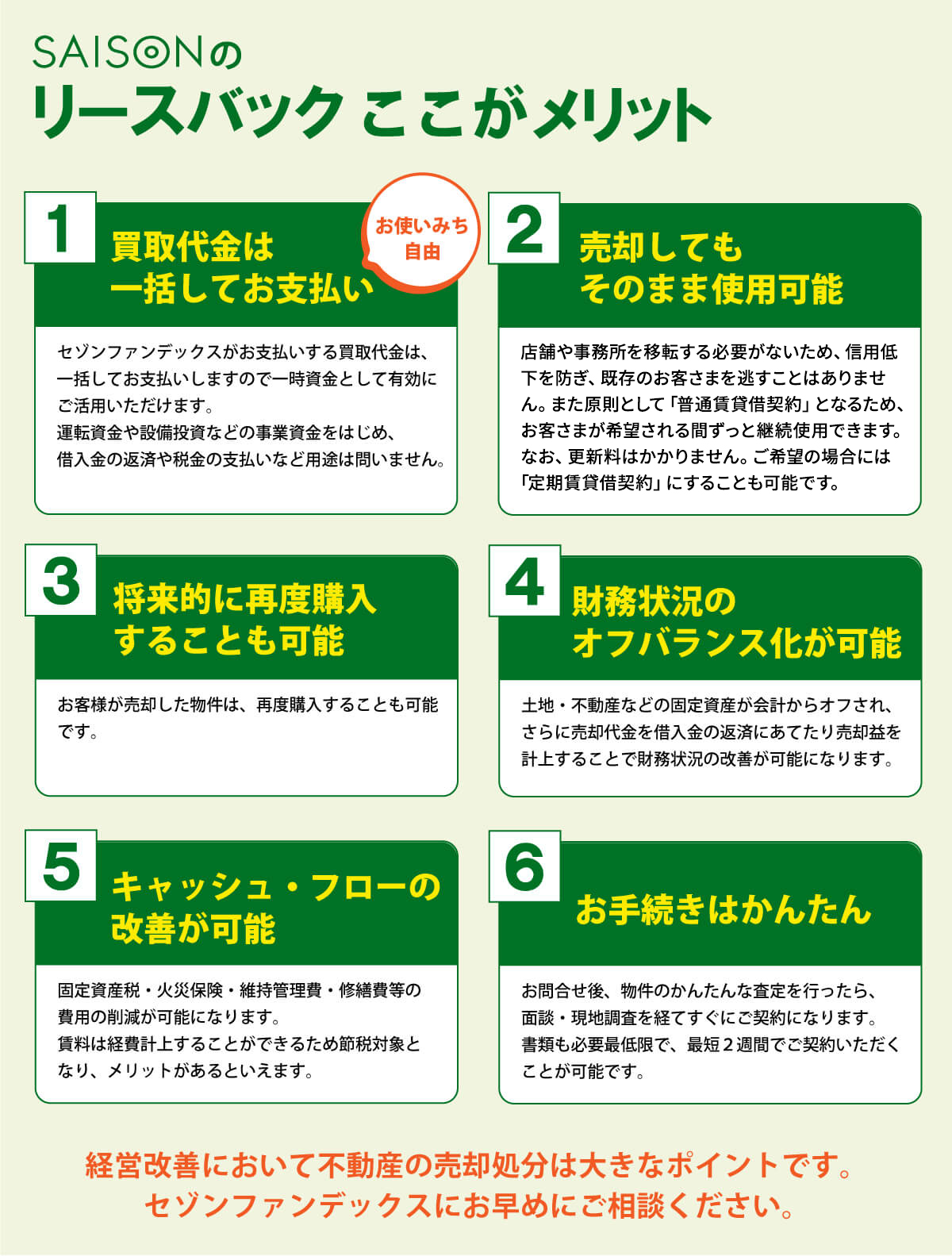 ＜セゾンのリースバックここがメリット＞１．買取代金は一括してお支払い。２．売却してもそのまま使用可能。３．将来的に再購入することも可能。４．財務状況のオフバランス化が可能。５．キャッシュ・フローの改善が可能。６．お手続きはかんたん
