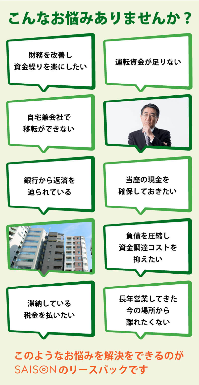 こんなお悩みありませんか？財務を改善し資金繰りを楽にしたい。運転資金が足りない。自宅兼会社で移転ができない。銀行からの返済を迫られている。当座の現金を確保しておきたい。負債を圧縮し資金調達コストを抑えたい。滞納している税金を払いたい。長年営業してきた今の場所から離れたくない。