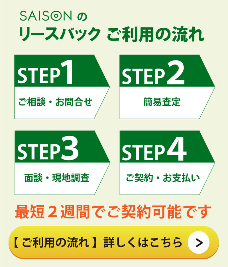 ＜ご利用の流れ＞１．ご相談・お問合せ、２．簡易査定、３．面談・現地調査、４．ご契約・お支払い