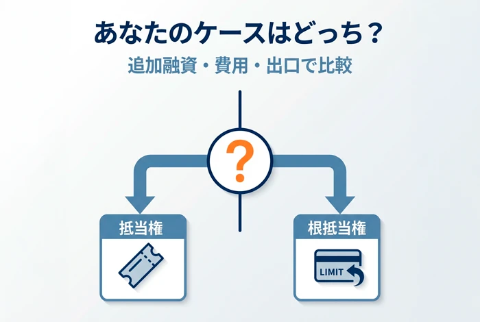 抵当権と根抵当権を「追加融資・費用・出口」で比較し、どちらを選ぶべきかを示す分岐イメージ図