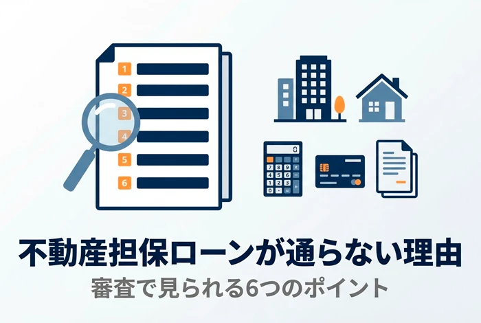 不動産担保ローンが通らない理由を示すイメージ図。審査チェックリストと不動産・電卓・カードのアイコンを配置し、審査で見られる6つのポイントを視覚的に表現している。