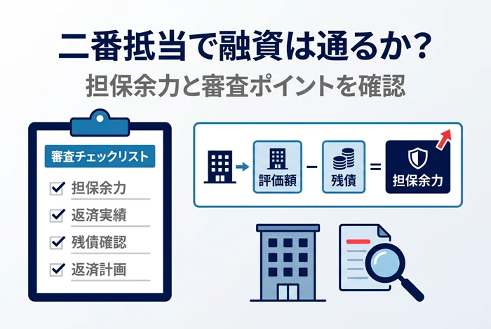 二番抵当で融資が通るかを解説するイメージ図。審査チェックリストと建物・評価額・残債・担保余力のアイコンを配置し、担保余力と審査ポイントを視覚的に示している。