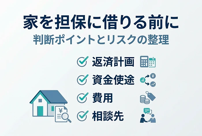 家を担保に借りる前の判断ポイントとリスク整理を示すアイキャッチ画像。返済計画・資金用途・費用・相談先の4項目と住宅・書類のイラストを掲載。