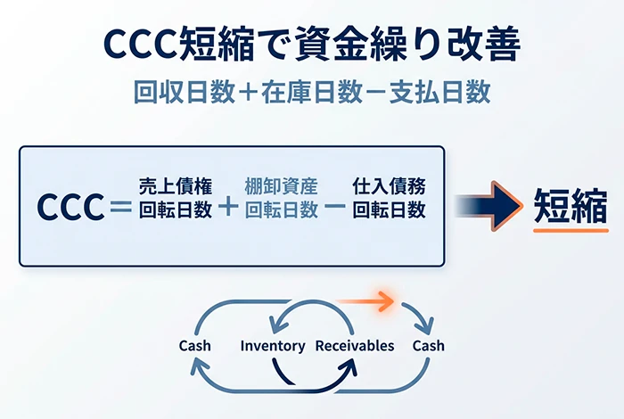 CCC（キャッシュ・コンバージョン・サイクル）の構造を示す図。回収日数＋在庫日数−支払日数で算出され、短縮によって資金繰りが改善する仕組みを解説。