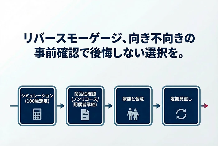 リバースモーゲージで後悔しないために、100歳までのシミュレーション、商品確認、家族との合意、定期的な見直しの流れを示した図