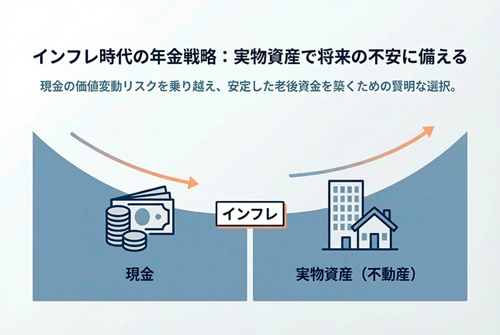 インフレ時代の年金対策として、現金の価値低下リスクと実物資産（不動産）の活用を対比して示したイメージ図