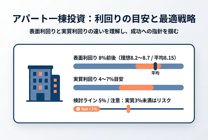 アパート一棟投資の利回り目安として、表面利回り8％前後・実質利回り4～7％・検討ライン5％・実質3％未満は注意と表示している図