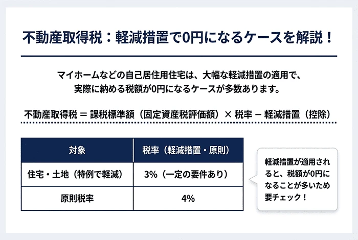 不動産取得税は軽減措置により0円になるケースが多いことや、課税標準額・税率・控除の関係を図解