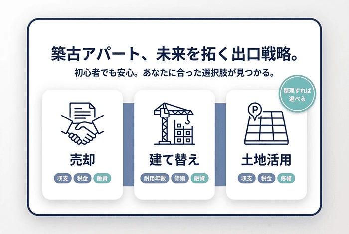 築古アパートの出口戦略として「売却」「建て替え」「土地活用」の3つの選択肢を示した図