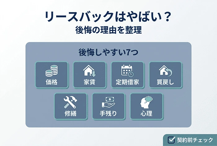 リースバックはやばい？後悔しやすい7つの理由として、価格・家賃・定期借家・買戻し・修繕・手残り・心理を整理した図