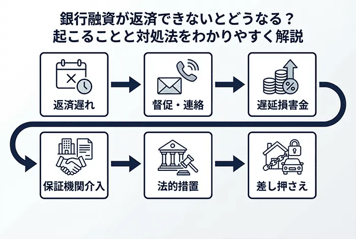 銀行融資が返済できない場合に、返済遅れから督促・連絡、遅延損害金、保証機関介入、法的措置、差し押さえへ進む流れを示した図