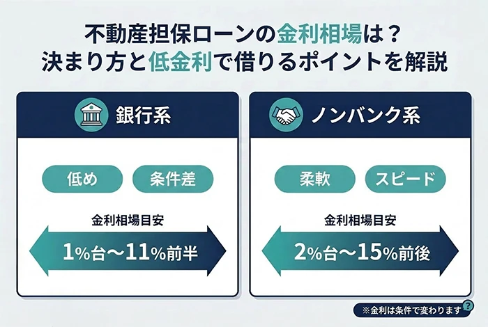 銀行系とノンバンク系の不動産担保ローンについて、金利相場や特徴（低金利・柔軟性・スピードなど）の違いを比較している図解