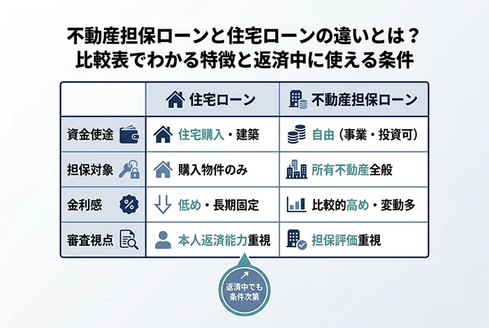 不動産担保ローンと住宅ローンの違いについて、資金使途・担保対象・金利・審査視点を比較表で整理し、返済中でも条件次第で利用可能であることを示した図解