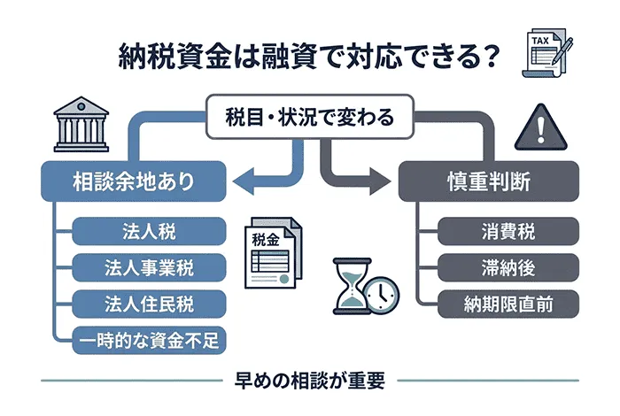 納税資金の融資について、相談しやすい税目と慎重に判断されやすい税目を比較して解説した図