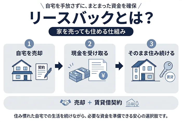 リースバックとは？自宅を売却して資金を受け取り、そのまま住み続ける仕組みをわかりやすく示した図