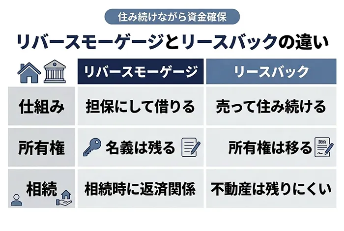 リバースモーゲージとリースバックの違いを比較した図で、仕組みや所有権、相続時の扱いの違いをわかりやすく解説している