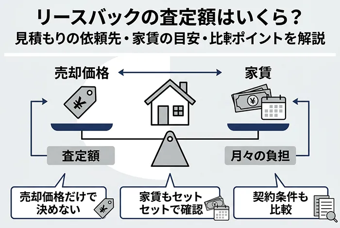 リースバックの査定額と家賃の関係を示した図。売却価格だけでなく家賃や契約条件も含めて比較する重要性を解説