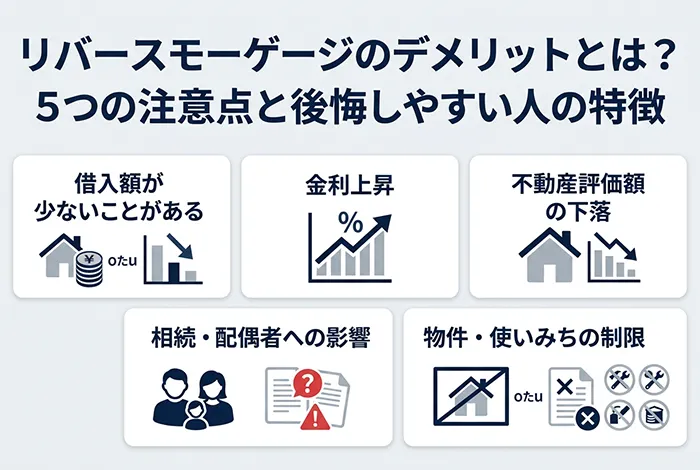 リバースモーゲージのデメリットを解説した図で、借入額が少ない場合や金利上昇、不動産評価額の下落、相続への影響など5つの注意点を紹介している