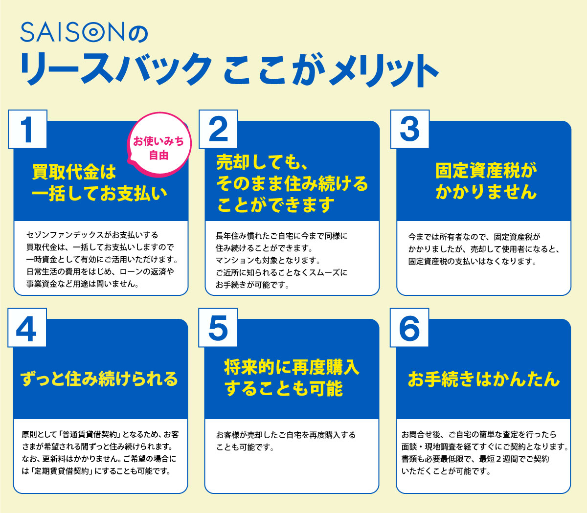 ＜セゾンのリースバックここがメリット＞１．買取代金は一括してお支払い。２．売却しても、そのまま住み続けることができます。３．固定資産税がかかりません。４．引越し費用などはいっさい不要。５．将来的に再度購入することも可能。６．お手続きはかんたん。